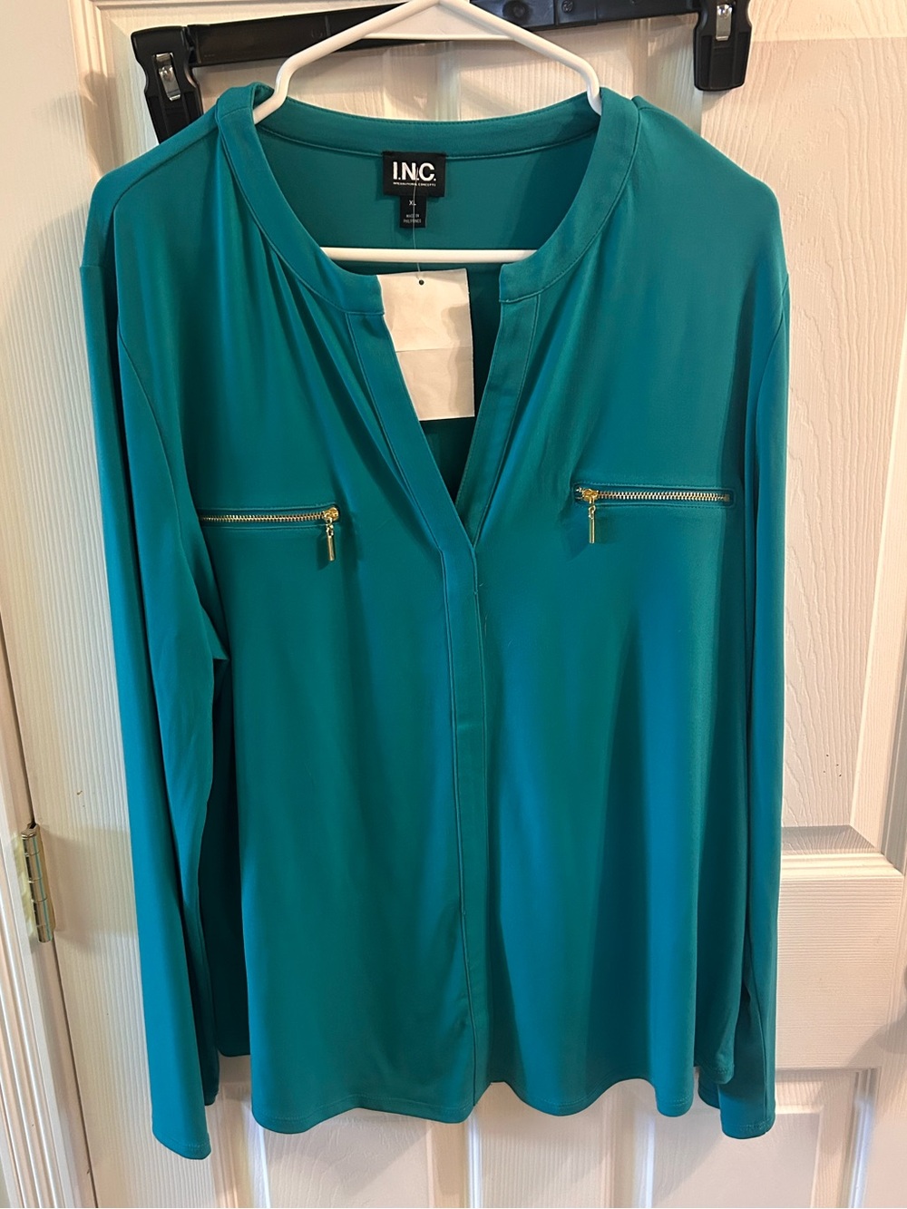 INC International Concepts Teal Long-Sleeve Blouse with Gold Zips